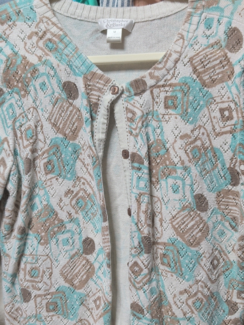 Christopher & Banks Taupe, Beige and Turquoise Patterned Sweater